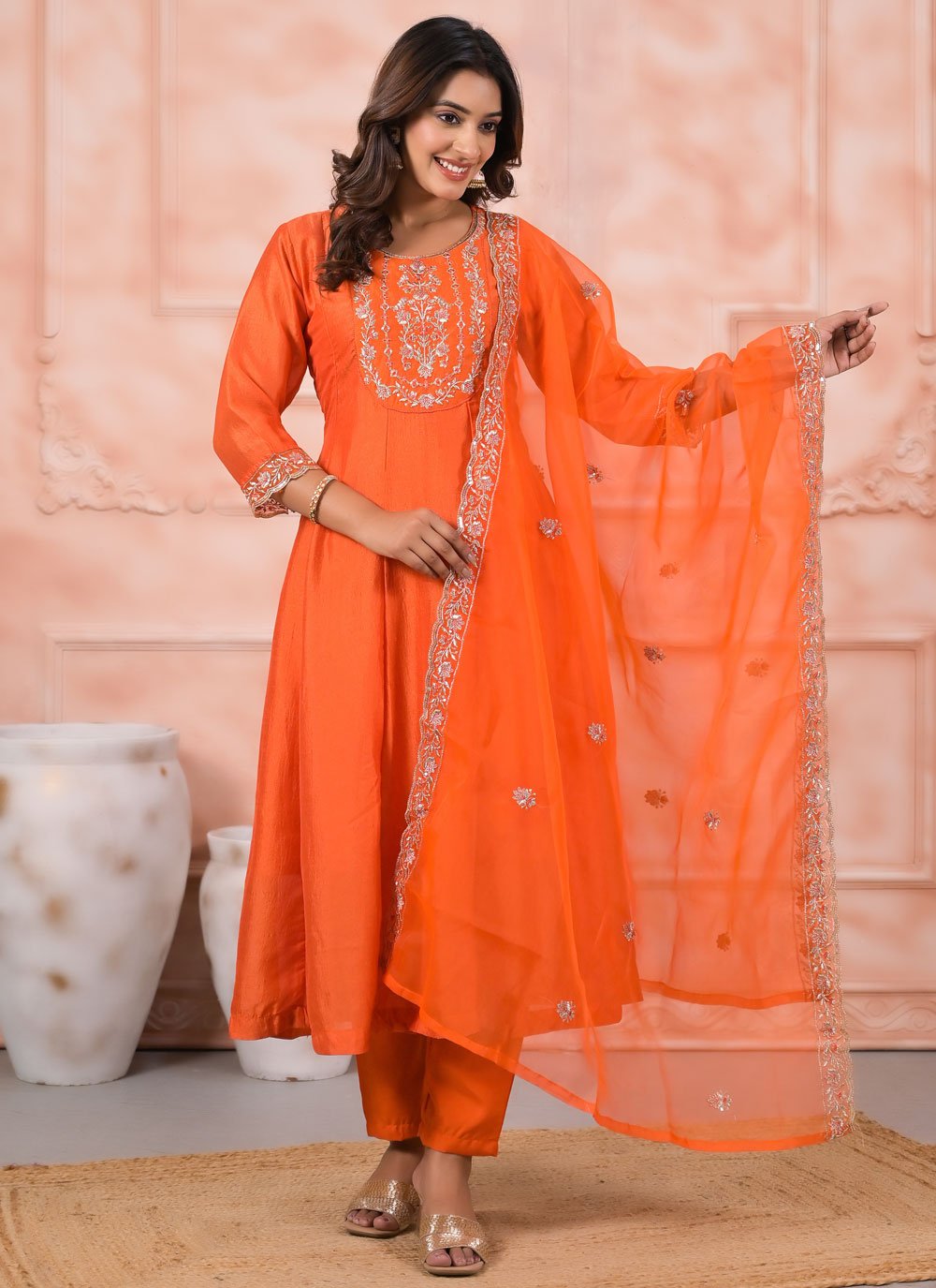 Buy Aristocratic Orange Silk Salwar Suit Online 318235