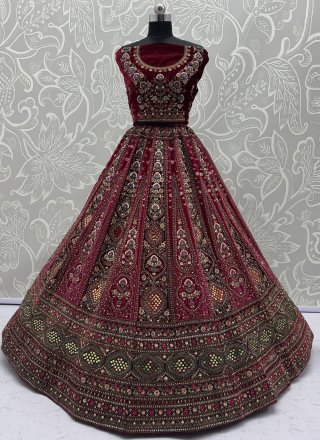 Arresting Maroon Velvet A - Line Lehenga Choli