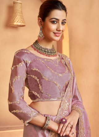 Arresting Pink Tissue Contemporary Saree with Beads, Cut, Embroidered, Sequins and Zari Work