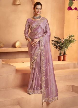 Arresting Pink Tissue Contemporary Saree with Beads, Cut, Embroidered, Sequins and Zari Work