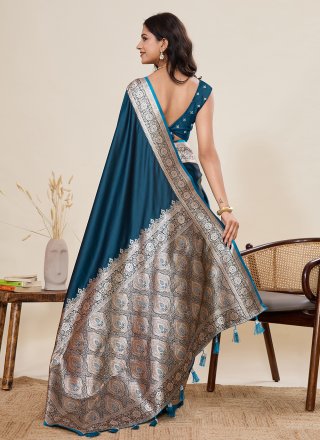 Arresting Teal Satin Silk Trendy Saree