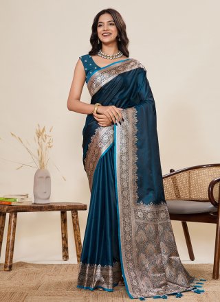 Arresting Teal Satin Silk Trendy Saree