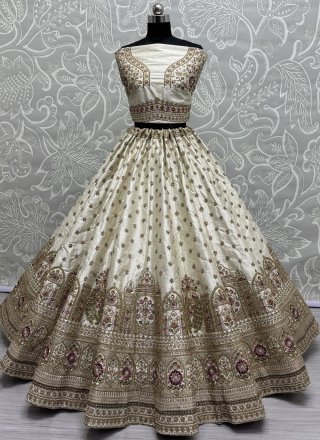 Arresting White Matka Silk A - Line Lehenga Choli with Crystals, Dori, Embroidered, Hand, Lace, Moti, Sequins and Thread Work
