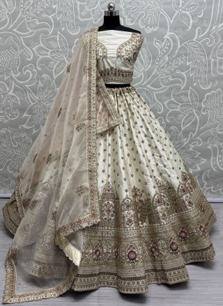 Arresting White Matka Silk A - Line Lehenga Choli with Crystals, Dori, Embroidered, Hand, Lace, Moti, Sequins and Thread Work