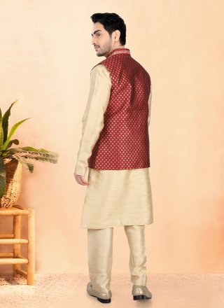 Art Silk Kurta Payjama with Jacket In Gold and Maroon Color