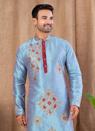 Art Silk Kurta Pyjama In Firozi Color