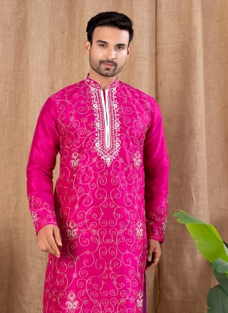 Art Silk Kurta Pyjama with Embroidered Work