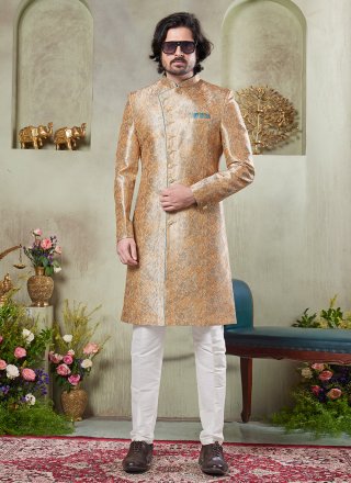 Art Silk Sherwani Mens Wear In Gold