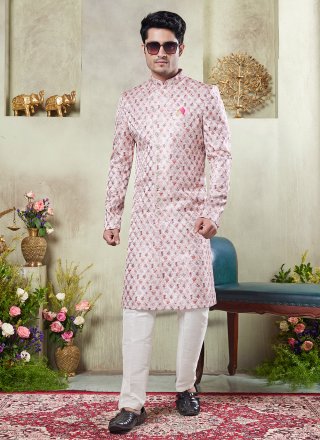 Art Silk Sherwani Mens Wear In Pink Color