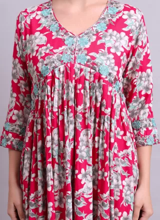 Artistic Pink Cotton Floor Length Kurti