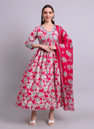 Artistic Pink Cotton Floor Length Kurti