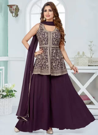 Artistic Purple Georgette Palazzo Salwar Suit with Embroidered and Zari Work