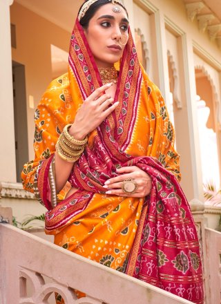 Artistic Yellow Silk Trendy Saree with Print Work