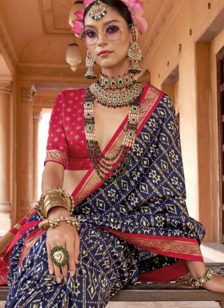 Aspiring Blue Silk Classic Sari with Patola Print Work