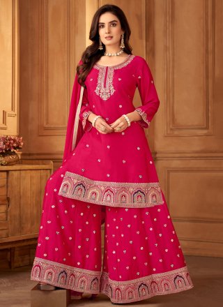 Astounding Rani Silk Palazzo Salwar Suit with Embroidered and Zari Work
