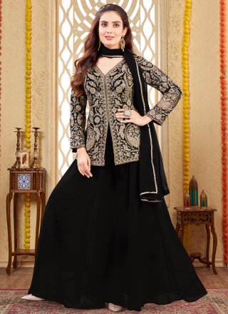 Attractive Black Georgette Readymade Style with Embroidered and Zari Work
