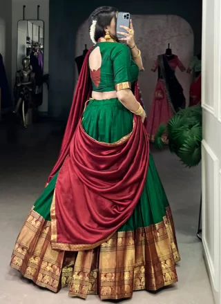 Attractive Green Cotton Lehenga Choli with Weaving Work