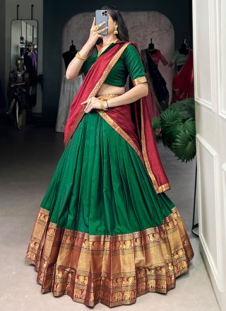 Attractive Green Cotton Lehenga Choli with Weaving Work
