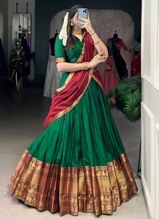 Attractive Green Cotton Lehenga Choli with Weaving Work