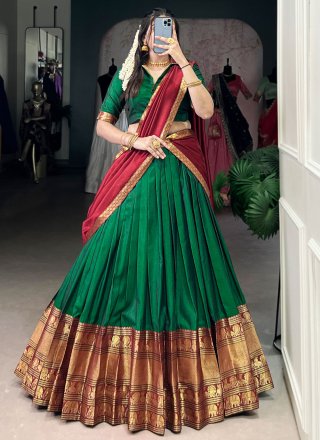 Attractive Green Cotton Lehenga Choli with Weaving Work