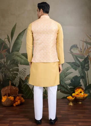 Attractive Yellow Silk Kurta Payjama with Jacket with Jacquard and Weaving Work