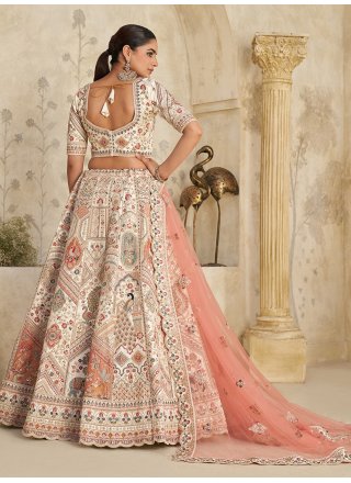 Auspicious Cream Silk A - Line Lehenga Choli with Patch Border, Embroidered and Zari Work