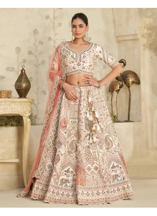 Auspicious Cream Silk A - Line Lehenga Choli with Patch Border, Embroidered and Zari Work
