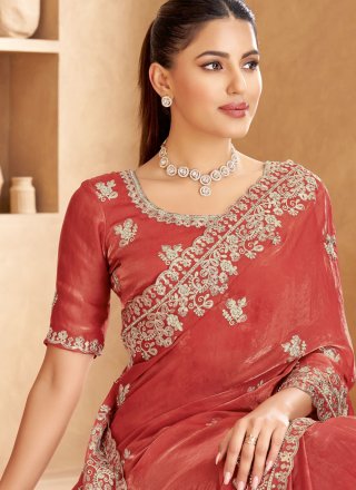Auspicious Crimson Satin Designer Sari