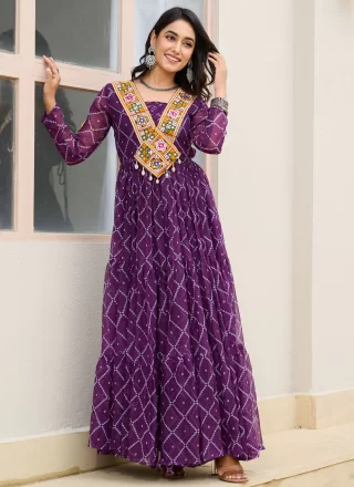 Auspicious Purple Faux Georgette Gown with Patch Border and Print Work