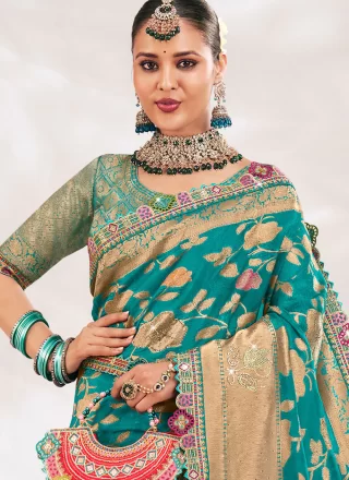 Awesome Green Silk Contemporary Sari with Fancy Work