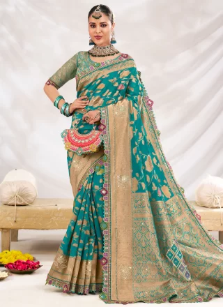 Awesome Green Silk Contemporary Sari with Fancy Work