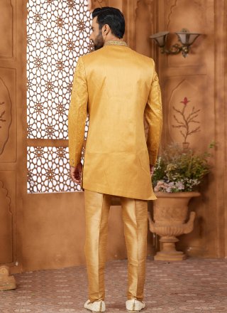 Banarasi Silk Indo Western Sherwani In Gold Color