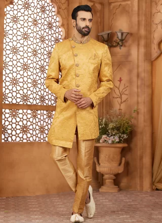 Banarasi Silk Indo Western Sherwani In Gold Color