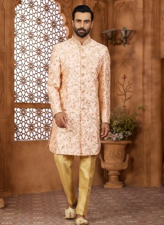 Banarasi Silk Indo Western Sherwani In Peach Color