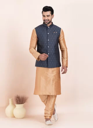 Banarasi Silk Kurta Payjama with Jacket In Brown and Blue Colour