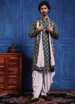 Bandhej, Chikankari, Embroidered, Lucknowi Work, Print and Sequins Work Viscose Dhoti Kurta In Green