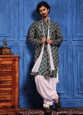 Bandhej, Chikankari, Embroidered, Lucknowi Work, Print and Sequins Work Viscose Dhoti Kurta In Green