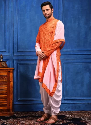 Bandhej, Chikankari, Embroidered, Lucknowi Work, Print and Sequins Work Viscose Dhoti Kurta In Orange for Ceremonial