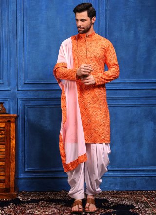 Bandhej, Chikankari, Embroidered, Lucknowi Work, Print and Sequins Work Viscose Dhoti Kurta In Orange for Ceremonial