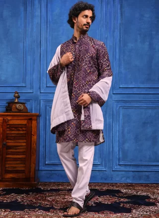 Bandhej, Chikankari, Embroidered, Lucknowi Work, Print and Sequins Work Viscose Kurta Pyjama In Purple