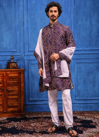 Bandhej, Chikankari, Embroidered, Lucknowi Work, Print and Sequins Work Viscose Kurta Pyjama In Purple