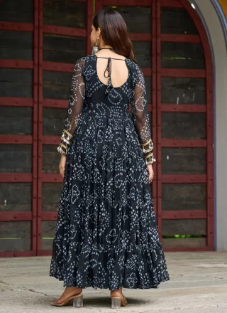 Bandhej, Gamthi and Print Work Faux Georgette Gown In Black