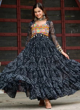 Bandhej, Gamthi and Print Work Faux Georgette Gown In Black