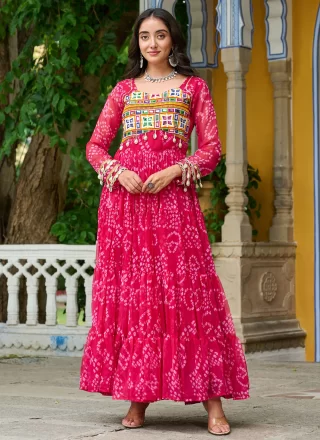 Bandhej, Gamthi and Print Work Faux Georgette Gown In Pink Color