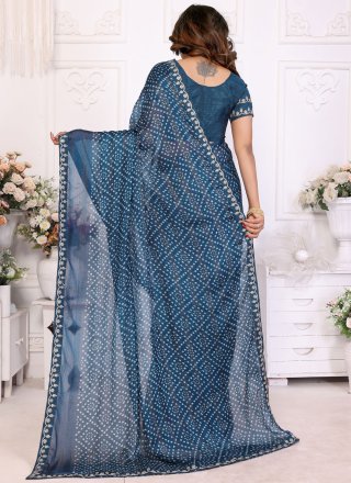 Bandhej, Lace and Print Work Chiffon Classic Saree In Morpeach