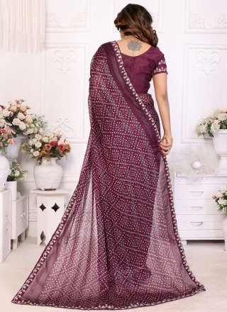 Bandhej, Lace and Print Work Chiffon Contemporary Saree In Purple for Casual