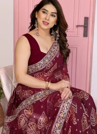 Bandhej, Patch Border, Embroidered, Print and Zari Work Banglori Silk Trendy Saree In Wine