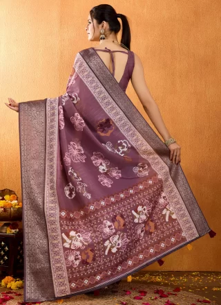 Baronial Maroon Silk Casual Saree with Floral Patch Work