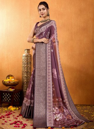 Baronial Maroon Silk Casual Saree with Floral Patch Work