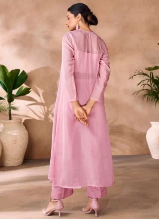 Beads and Embroidered Work Organza Designer Kurti In Pink Color